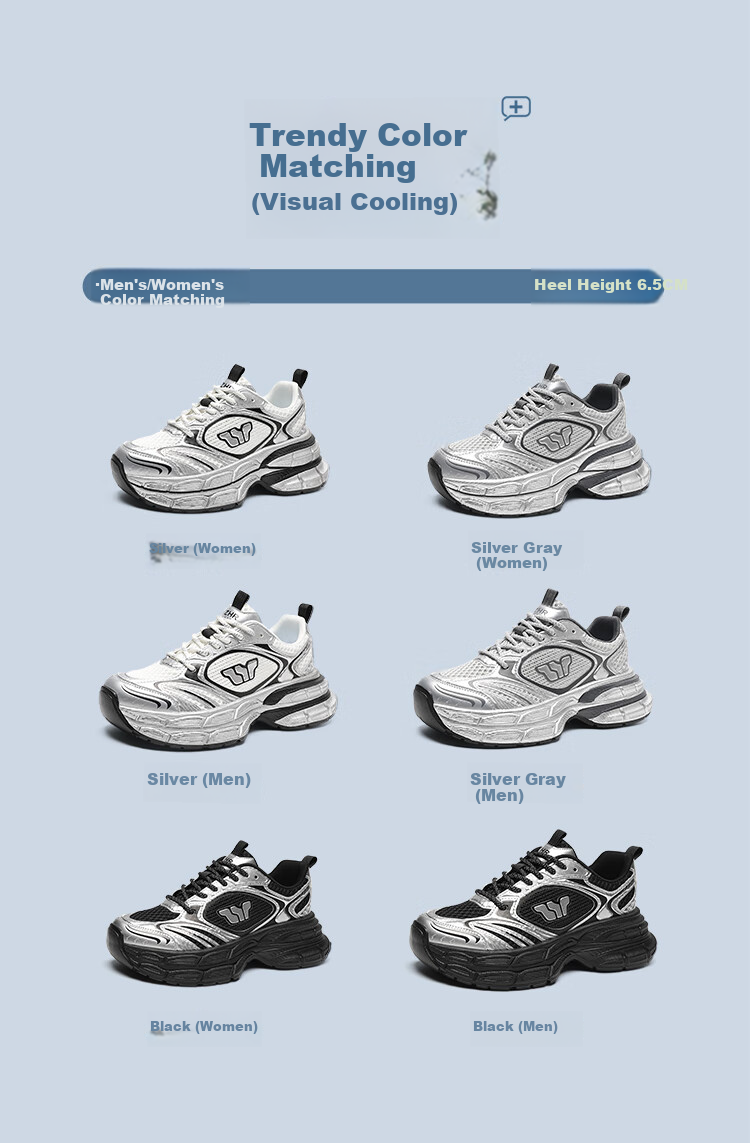 ZHR Celebrity-Style Chunky Dad Sneakers for Women, Lightweight Height-Increasing Women's Shoes, Sports Casual Shoes for Couples AS16 Silver Size 43 7