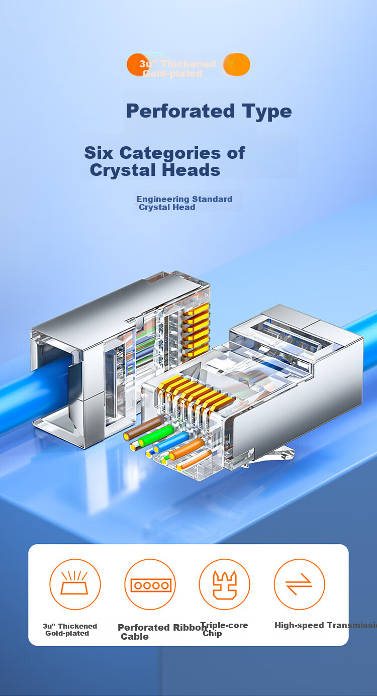 SAMZHE Category 6 RJ45 Connectors, Gigabit Shielded Ethernet Cable Plugs, Gold-Plated Through-Hole Crystal Heads, 100 Pieces, PCKT6100 2