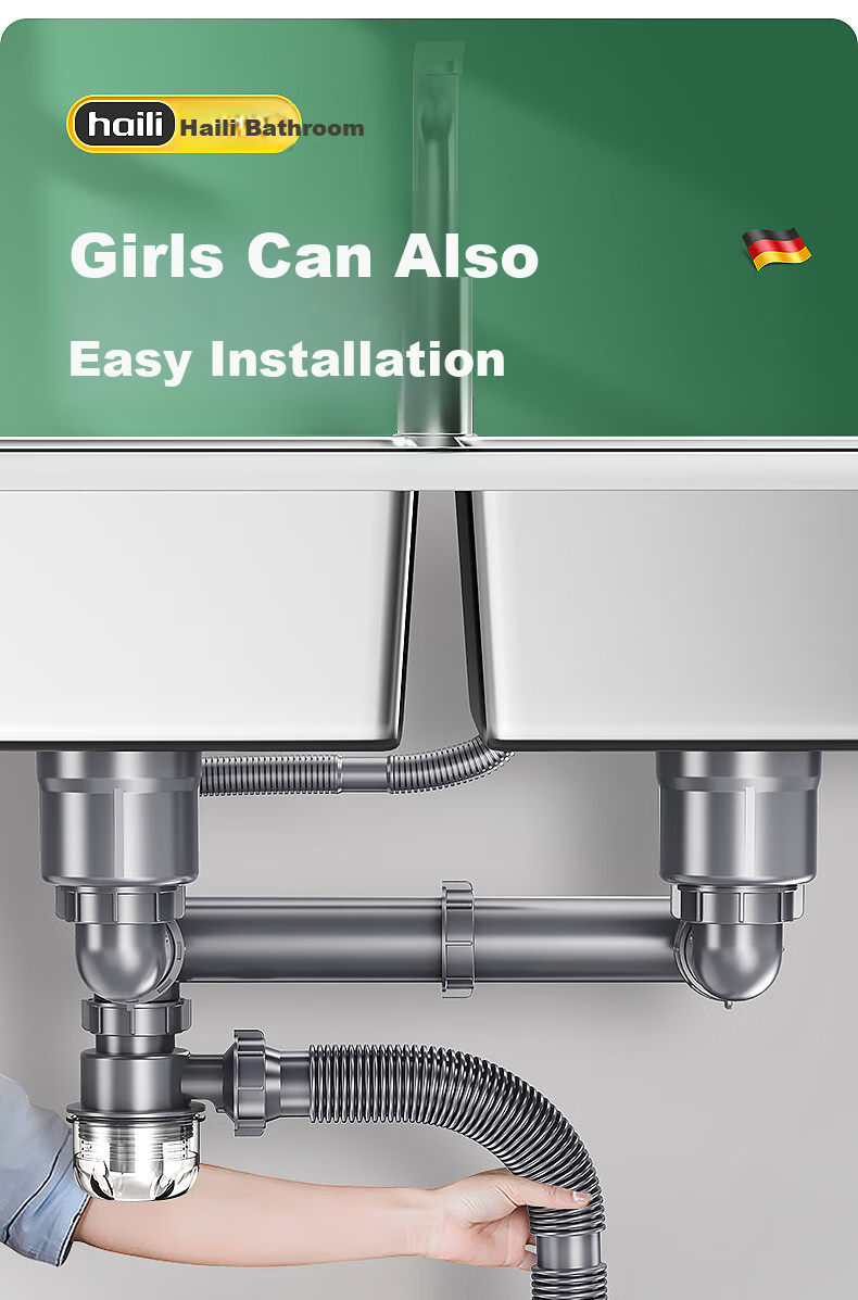 Haili Kitchen Sink Drain Pipe Complete Set, Double Sink 110mm Drainage System, Dishwashing Basin Drainage Pipe Kit Accessories S18 27