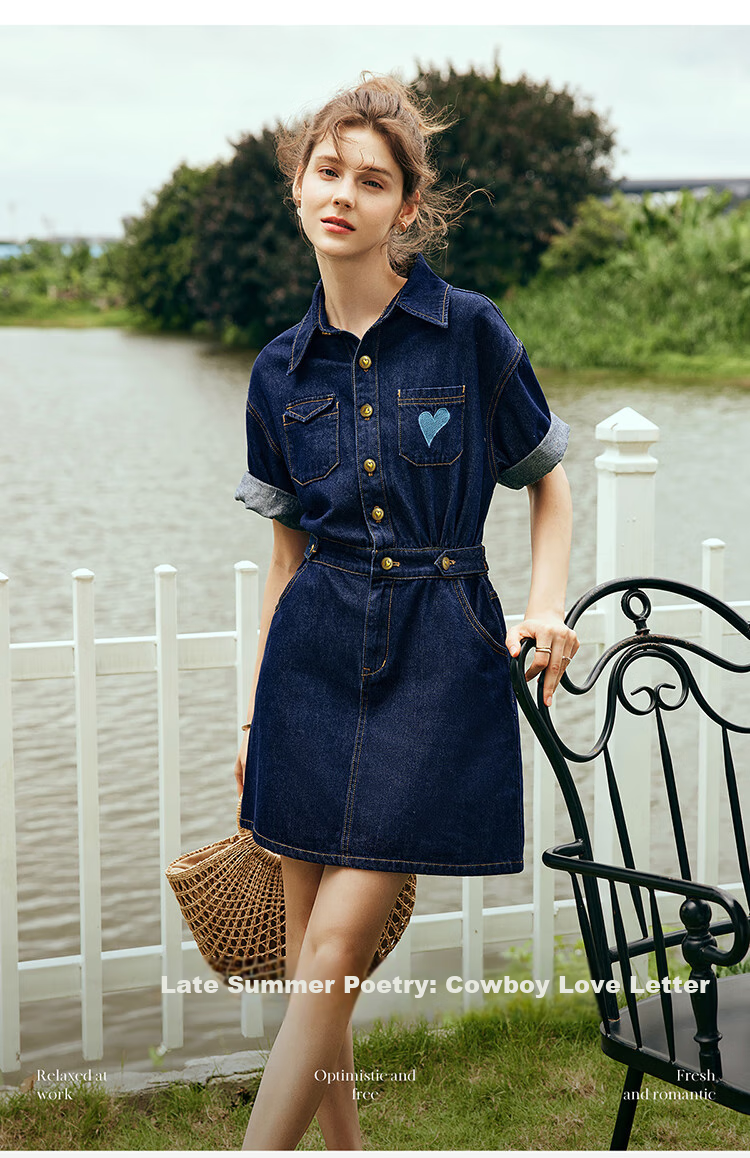 Olrain Short-Sleeve Denim Dress, Summer Women's Wear, Waist-Cinching Slimming Thin Commuter Dress, Light Blue, L 2