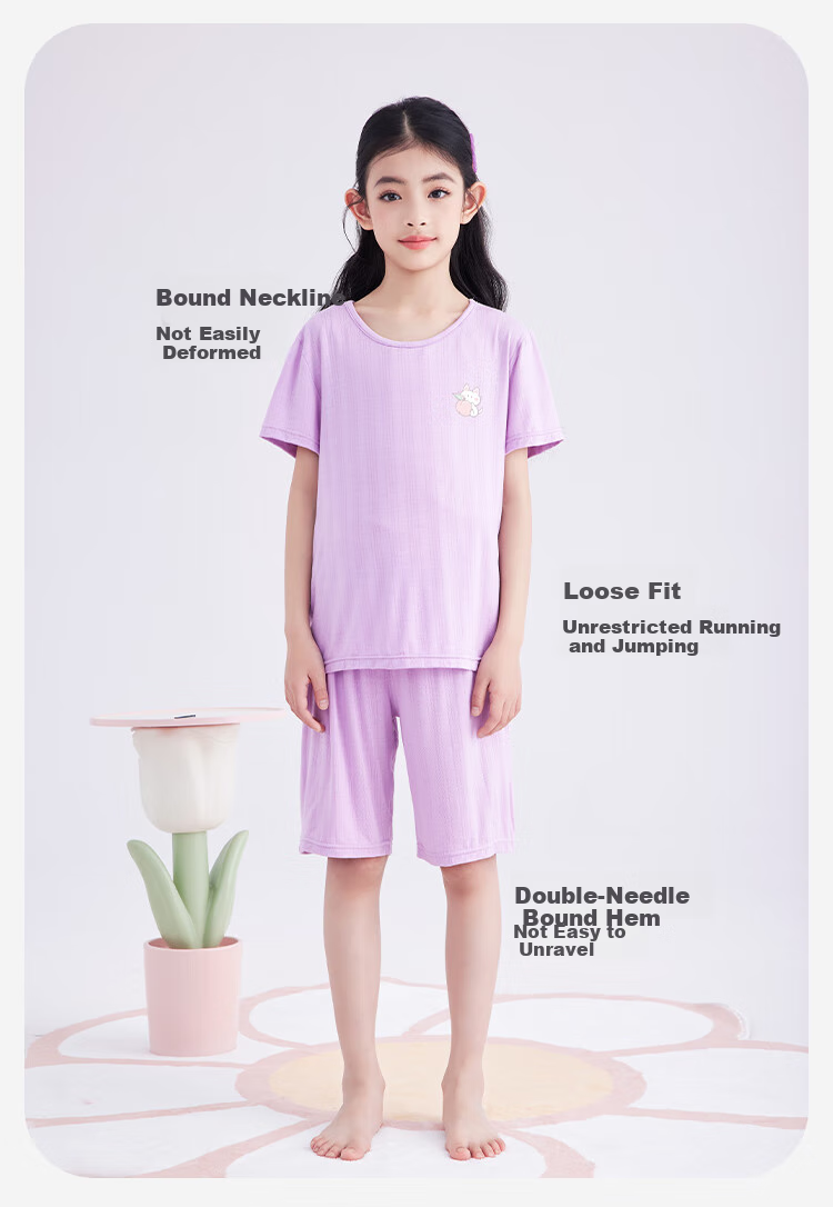 DEESHA [7A Antibacterial Comfort] Children's Pajama Set, Air Conditioning Wear, Spring And Autumn Girls' Cooling Short-Sleeve Loungewear for Older Kids 2