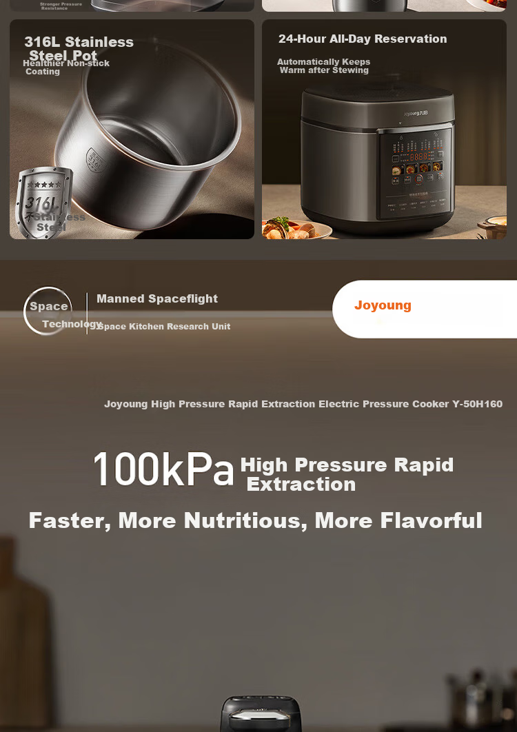 Joyoung Home 5L Electric Pressure Cooker with Dual Inner Pot, Non-Coated 316L Inner Pot, Programmable Timer Rice Cooker Y-50H160 2