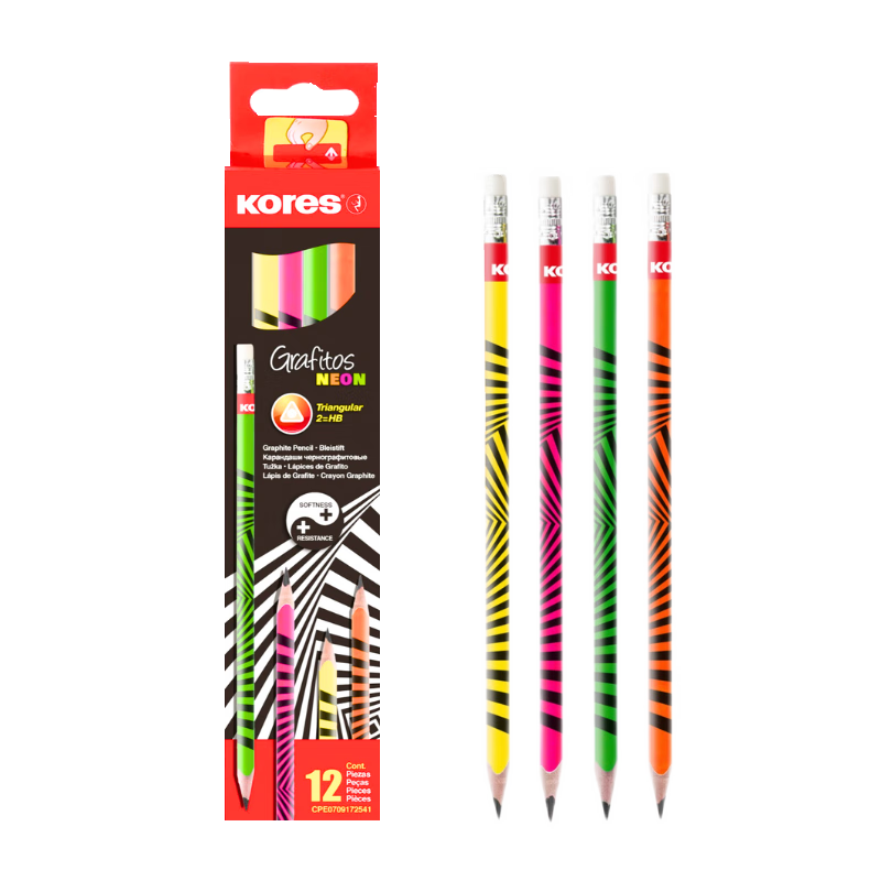 KORES Europe Kores HB Non-Toxic Pencil for Primary School Grade 1, Fashion Cartoon Writing and Sketching Graphite Pencil, Neon Series 12-Pack 92306