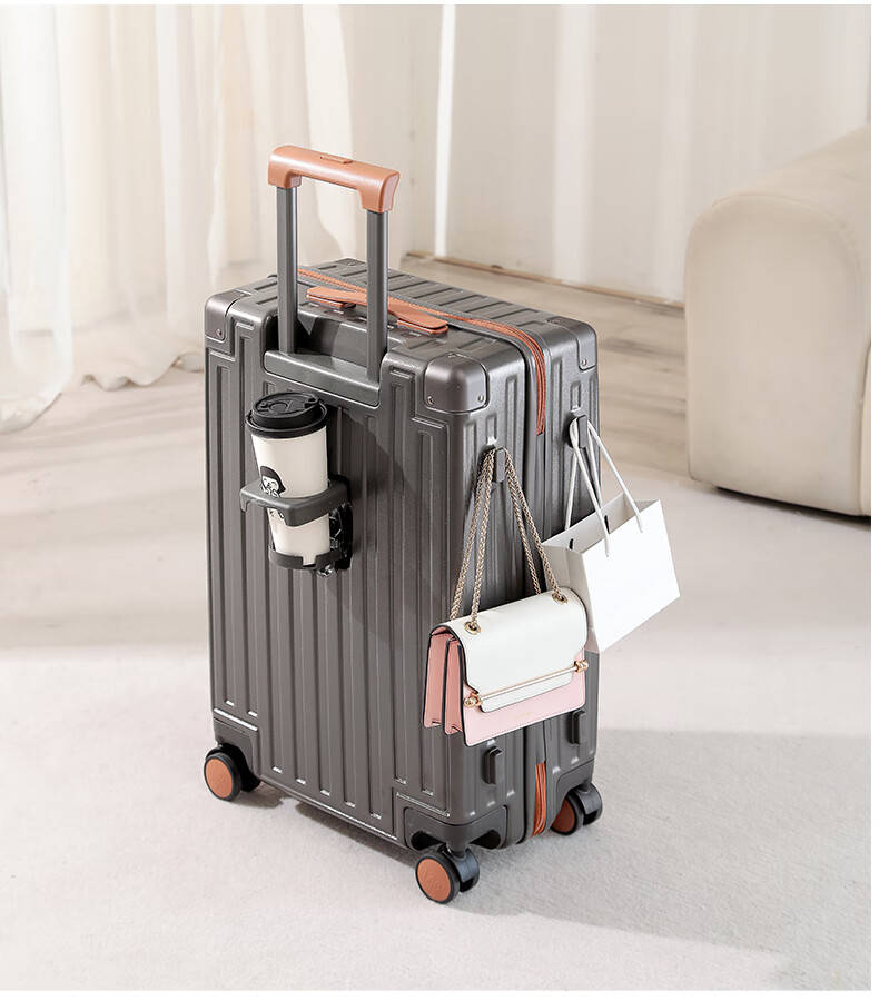 Lee High-Quality Suitcase with Cup Holder, Multifunctional Luggage, Travel Case, Student Password Lock Suitcase, Gray with Brown, 26 Inches 3