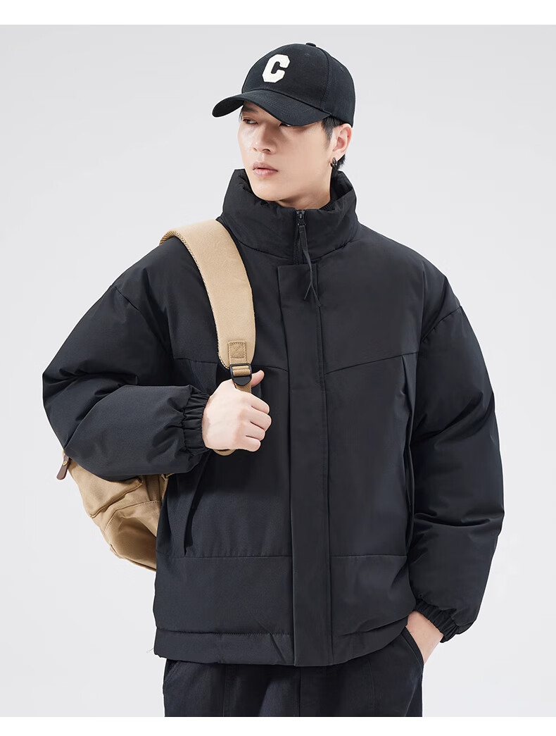 Cotton Casual Men's Winter Solid Color Stand Collar Cotton Jacket Warm Cotton Padded Coat Black 2XL 5