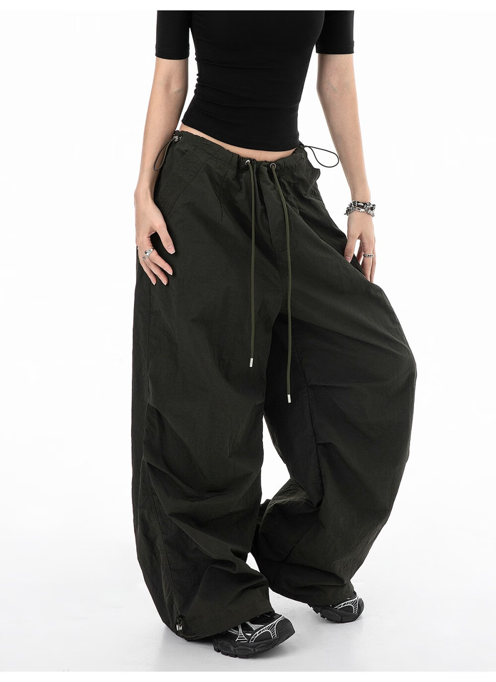 ICH MODE Women's American Style Paratrooper Cargo Pants Drawstring Sports Pants Straight Loose Wide-Leg Casual Pants Green M 6