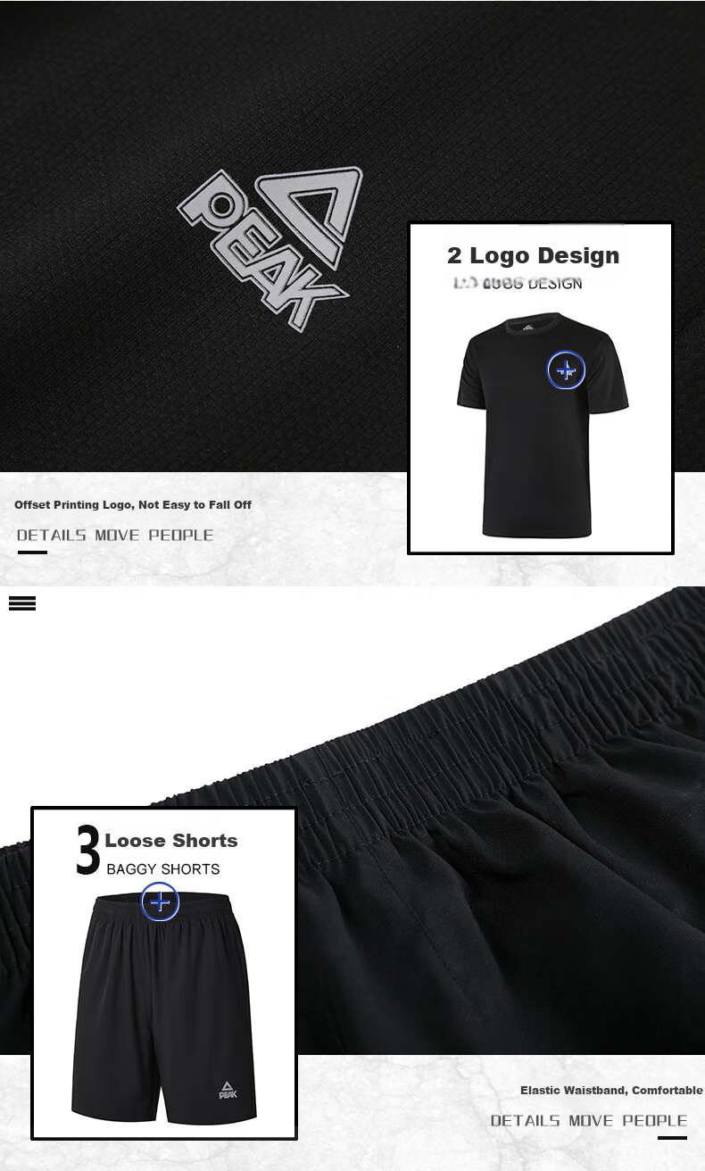 PEAK Badminton Outfit Men's Sports Set Quick-Dry Sweat-Wicking Breathable Elastic Fitness Training Two-Piece Set Black YS81306 (Short Sleeve + Shorts) Black 3XL 6