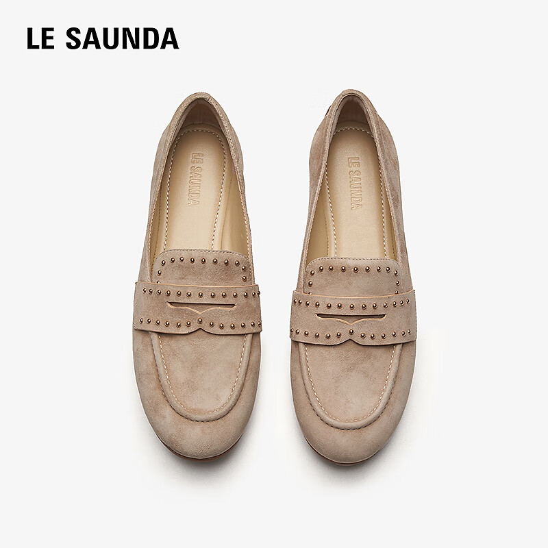 Le Saunda Round Toe Casual Sheepskin Low Heel Loafers Women 12602 Apricot Pink BDS 36