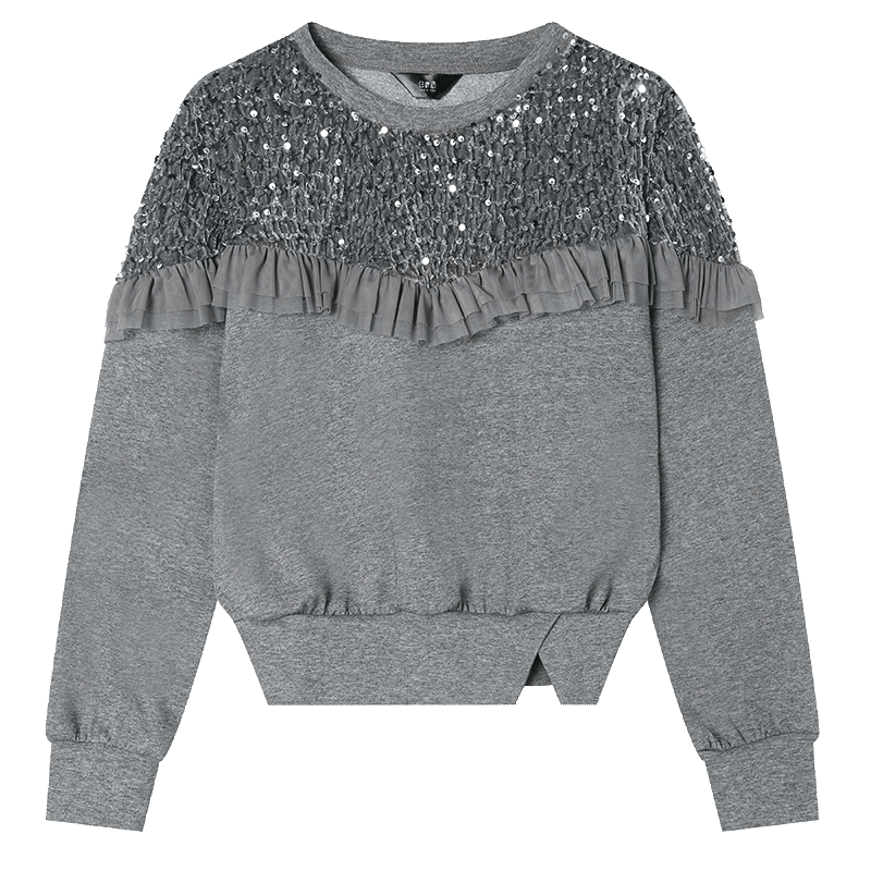 LOUISYAO Sequin Embellished Mesh Splice Sweatshirt 2025 Autumn Winter New Split Hem Fashion Top for Women Gray XL