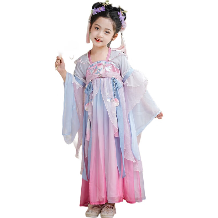 Qibo Hanfu Girls' Spring And Autumn New Style Children's Ancient-Style Ethereal Dress, Chitu (Without Tassel Accessories), Size 150