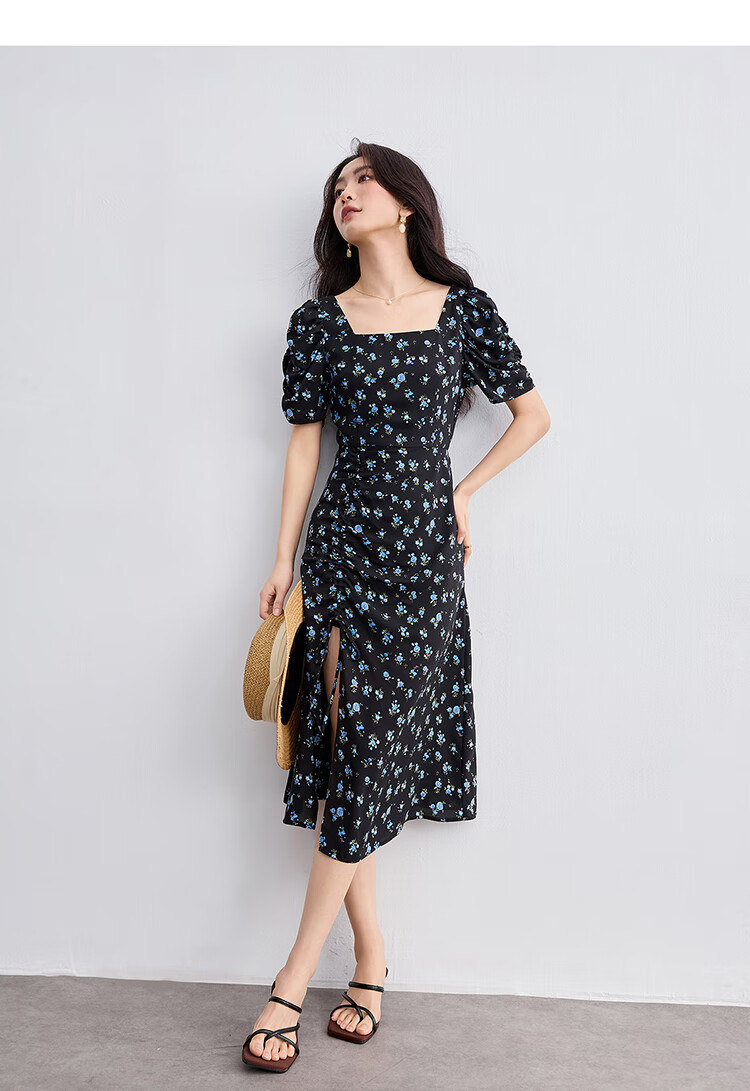 Sentubila French-Style Dress for Women, Summer Square Neckline, Ruched Sleeves, Vintage Polka Dot, Pleated Slit A-Line Skirt 16