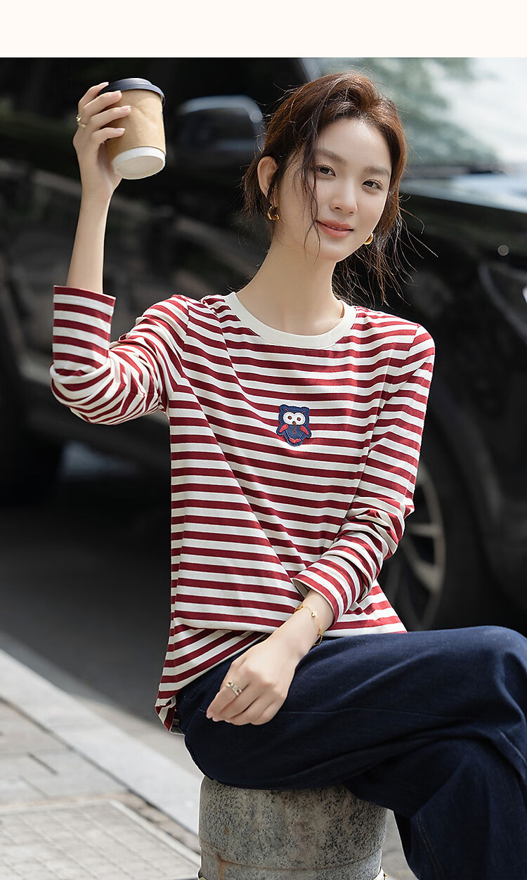 Demna【Striped Liberal】Spring and Autumn Loose Contrast Color Long Sleeve T-shirt Women Cute Patch Embroidery Concealed Flesh Women's T-shirt 8