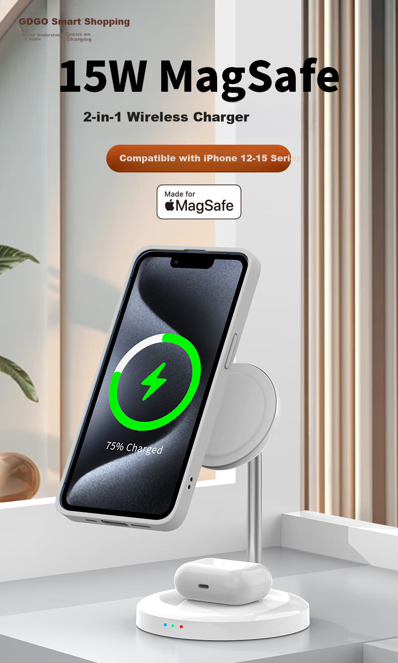 GDGO [Apple MFM Certified] 15W Two-In Wireless Charger, MagSafe Magnetic Vertical Fast Charging, MFi Certified, Suitable for IPhone 18/17 PM/Air Phones And Earphones 1