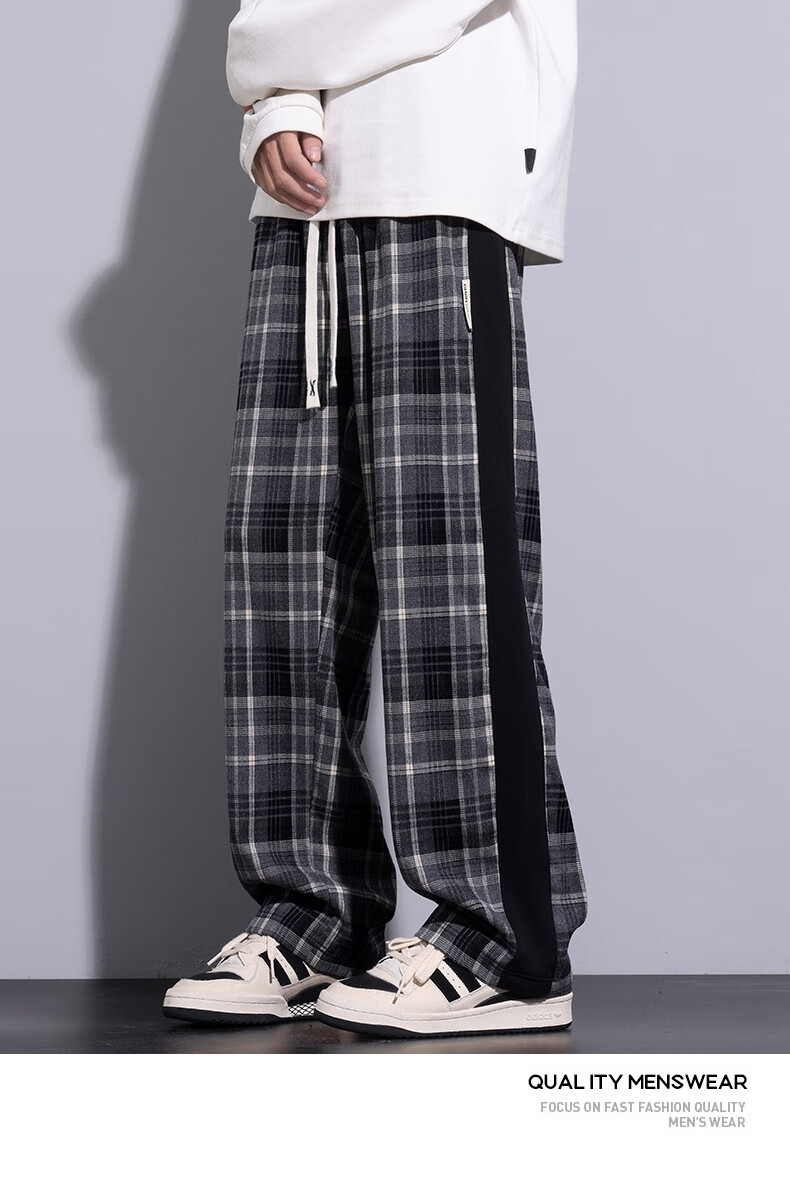 IZEXX Men's Plaid Pants, Summer American Straight Wide-Leg Loose Versatile Casual Pants, Sporty Retro Style ZL27 Gray L 14