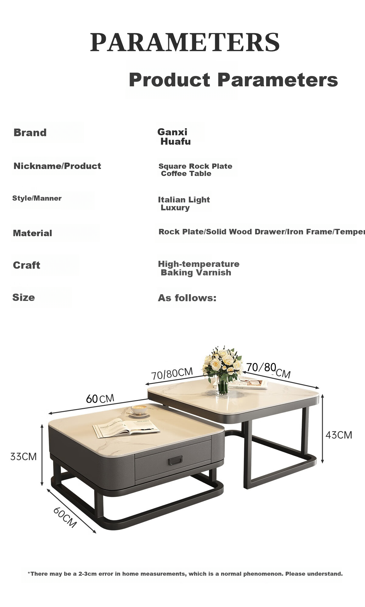 Qianxihuafu Coffee Table, Living Room Side Table for Small Apartments, High-End Light Luxury, 2026 Square Rock Slab Coffee Table, White And Gray Glass Top 20