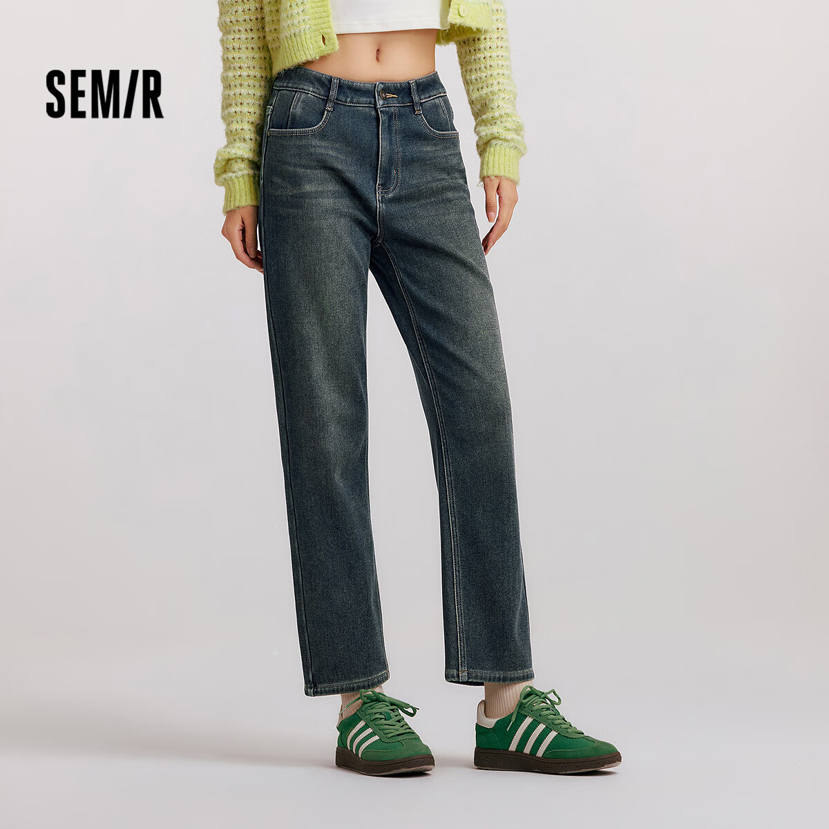 Semir Women's Jeans, Winter Fleece-Lined, Distressed Long Pants, Warm, Leg-Lengthening, Trendy Straight-Leg Trousers, 103724124011