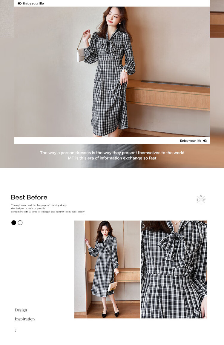MT Black and White Checkered Bow Autumn Slim Fit Non-Stretch A-Line Long Sleeve Plaid Dress for Women 2