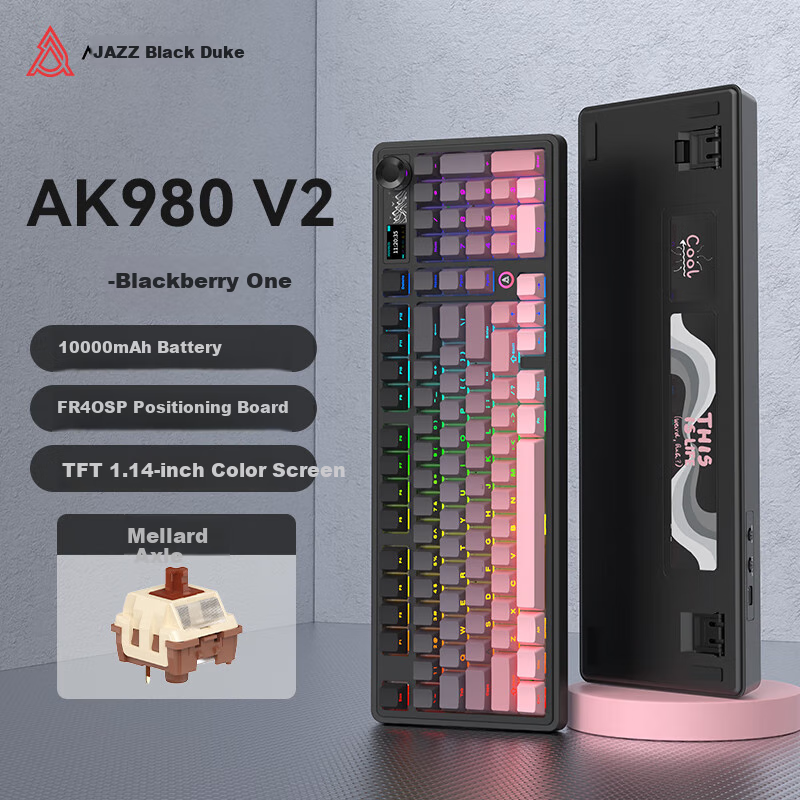 AJAZZ AK980V2 Tri-Mode Wireless Mechanical Keyboard with 10,000mAh Battery, Gasket Full Hot-Swappable 97 Keys 2U0 Knob TFT Color Screen RGB Blackberry Pink Maillard Switches