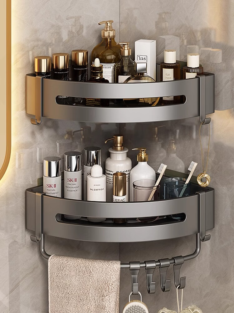 Baihan Bathroom Storage Rack, Triangle Shelf without Drilling, Wall-Mounted Hooks for Toilet And Washroom, Corner Shelf 1