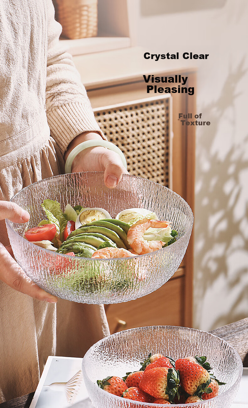 CRISTALGLASS Glacier Glass Salad Bowls Set of 3 - Transparent Round Glass Bowls for Home Use, Vegetable Fruit Plate, Yogurt Dessert Bowls 6