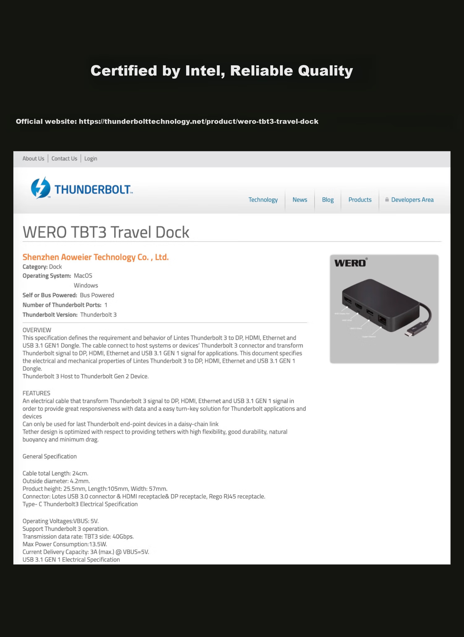 WERO Thunderbolt Dock, Portable, No Power Required, Dual 4K 60Hz Gigabit Ethernet Ports, AVB Mode Conversion, Suitable for Laptops, MacBook 2