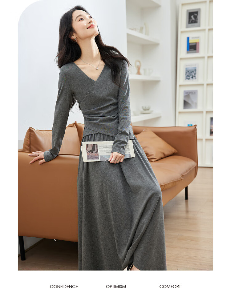 Fanximan French Style Elegant Set Dress Women Autumn New Slimming Top and Skirt Casual Suit Light Gray XL 3