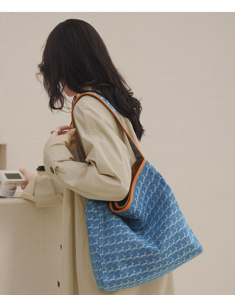 Mood Autumn And Winter Large Capacity Tote Bag for Women, Denim Canvas Lightweight Commuter Shoulder Underarm Bag, Birthday Gift Versatile Blue 18