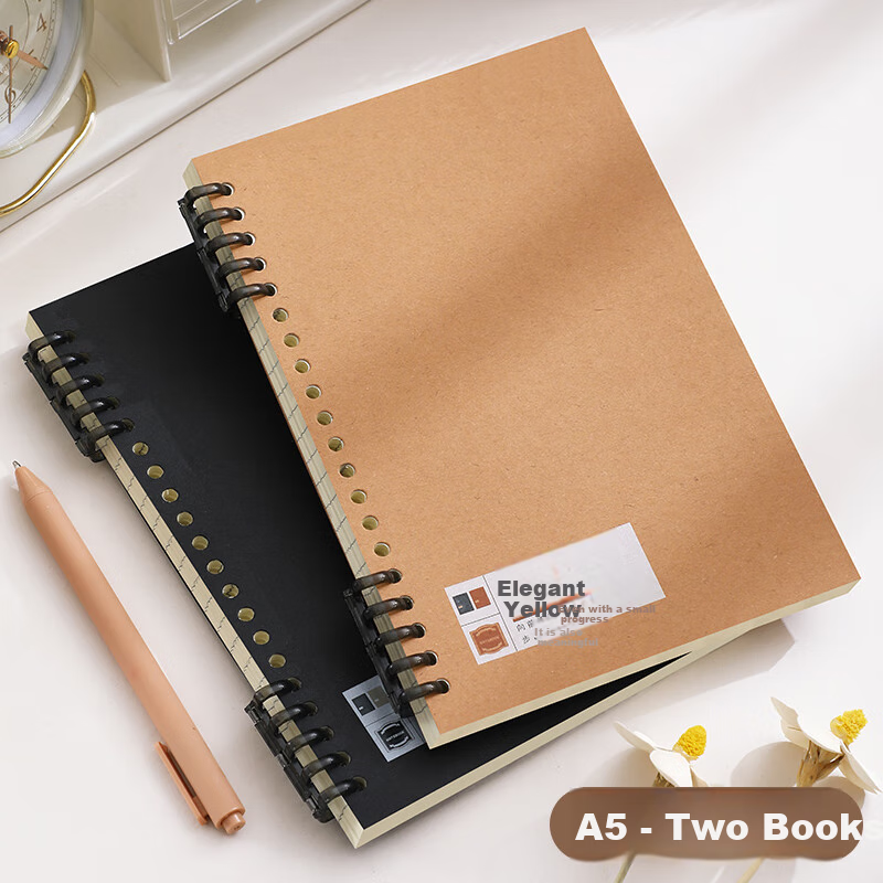 Faramon A5/60 Sheets Comfortable Loose-Leaf Notebook with Detachable Refillable Pages for Students, Spiral-Bound Notebook for Research, Thickened Journal And Error Correction Book A5/Classic Yellow + Polar Night Black