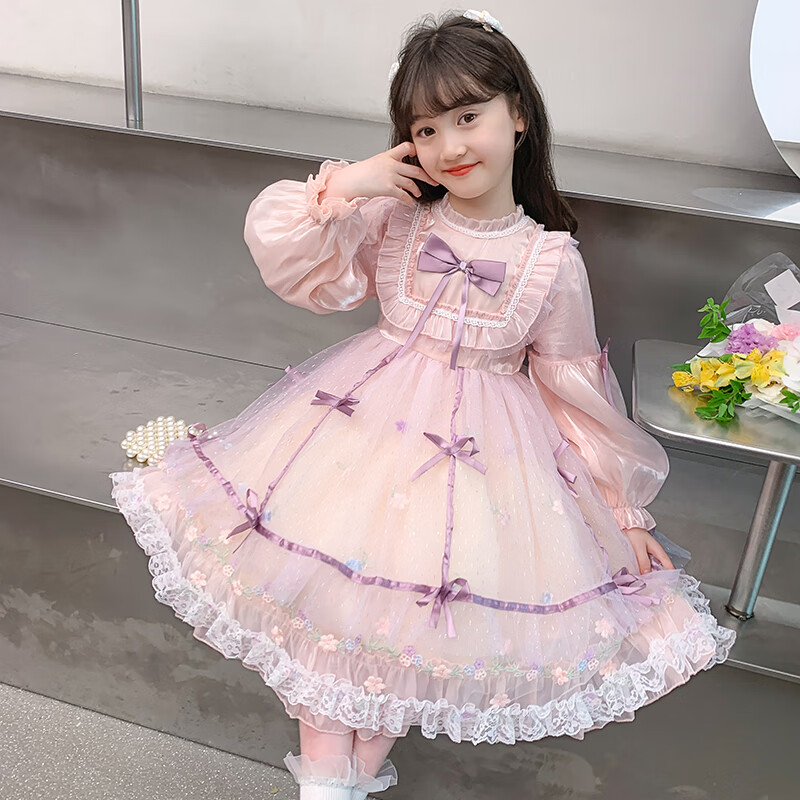 Bamino Girls Lolita Princess Dress Winter Children's Lolita Birthday Dress Pink 130