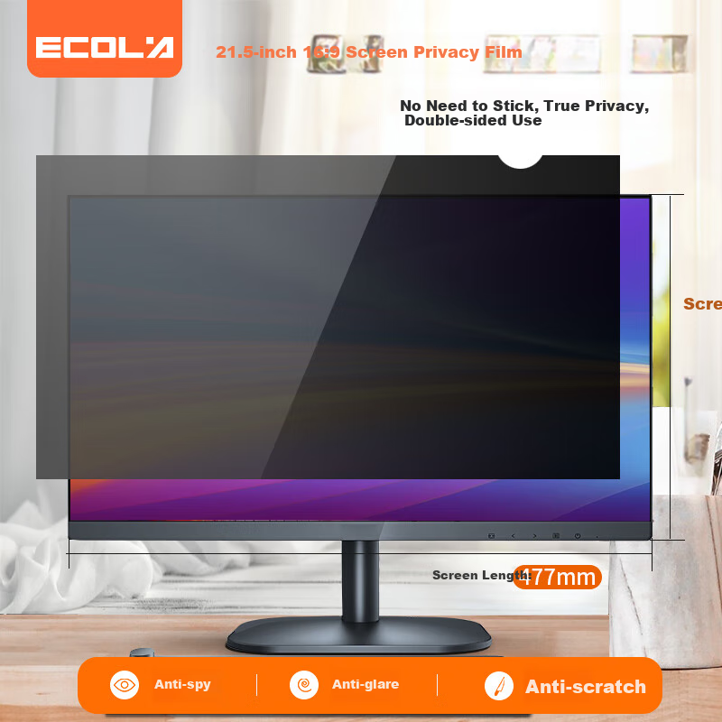 ECOLA Computer Privacy Screen Protector, 360-Degree Anti-Peeping FK215, Screen Protection Film for Desktop Monitor, Privacy Protection Film, Black, 21.5 Inches, 16:9 (477mm*268mm)