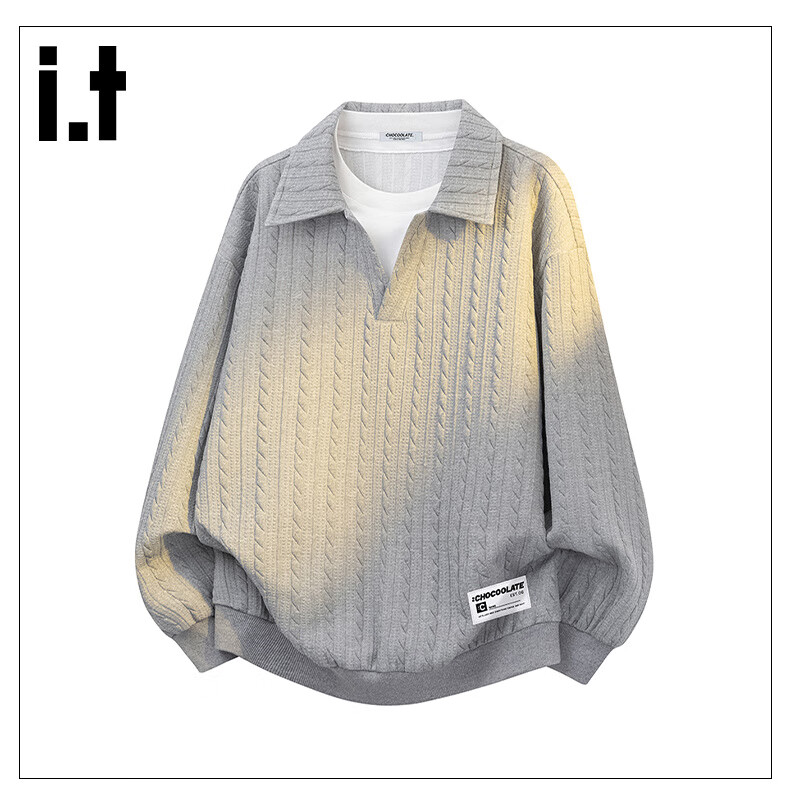 :CHOCOOLATE It Faux Two-Piece Lapel Sweatshirt for Men, Spring And Autumn New Trendy Loose Polo Shirt, Gray, M 10