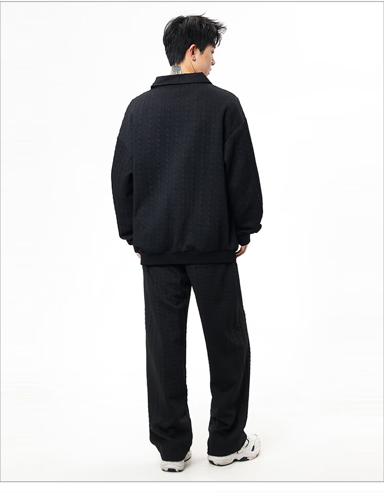 Dingfengbaoluo Men's Autumn Loose Comfortable Sports Sweatshirt and Pants Two-Piece Jacquard Casual Set XY12 Black 4XL 5