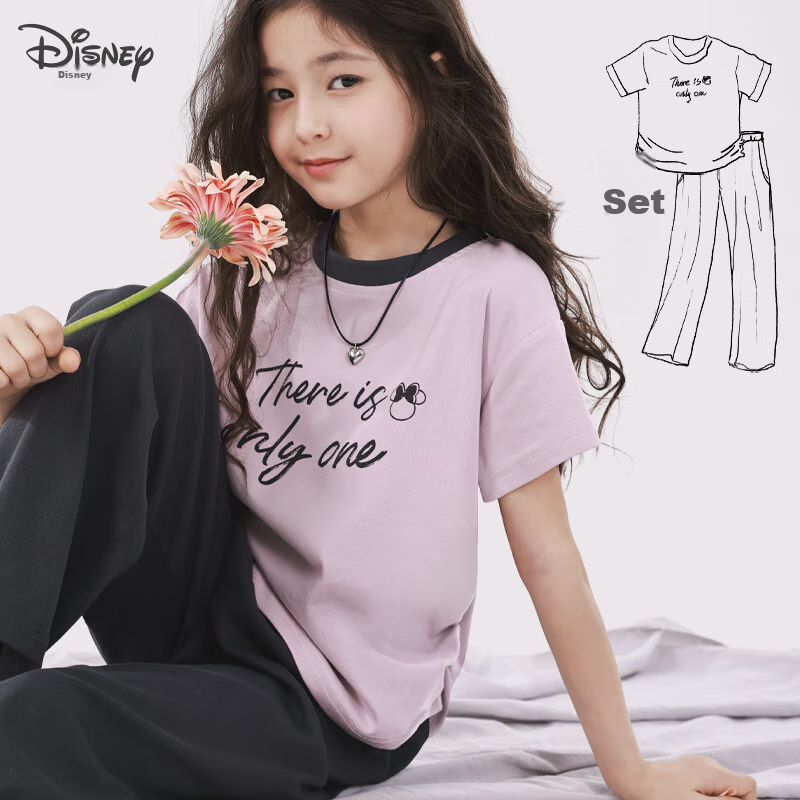 Disney Children's Set, Girls' Summer Short-Sleeve T-Shirt And Long Pants Two-Piece Set, Big Girls' Trendy Summer Outfit, L1004 Purple-Gray, Size 170