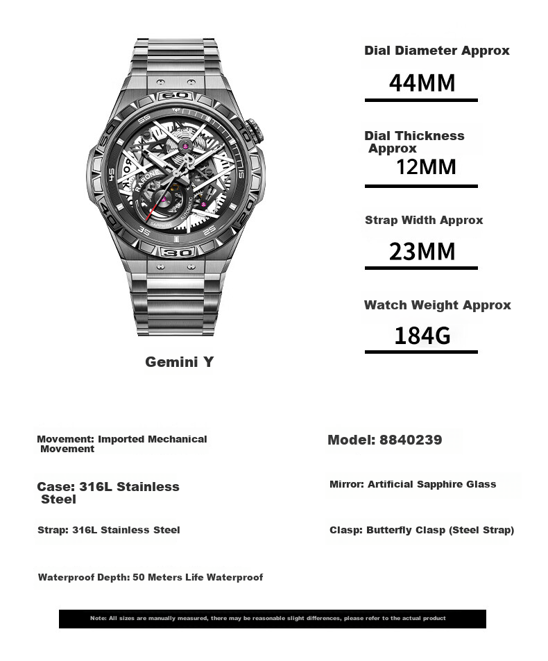 RARONE Twin Star Dark Night Dragon Mechanical Watch, Men's Skeleton Fully Automatic Wristwatch, Birthday Gift for Boyfriend 32
