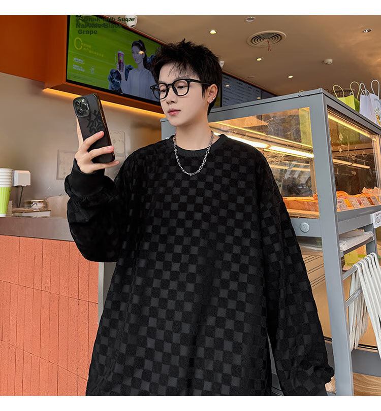 Dingfengbaoluo Japanese-Style Plaid Crew Neck Sweatshirt for Men, Spring Loose-Fitting High-End Casual Base Layer Top DFL77 Black XL 15