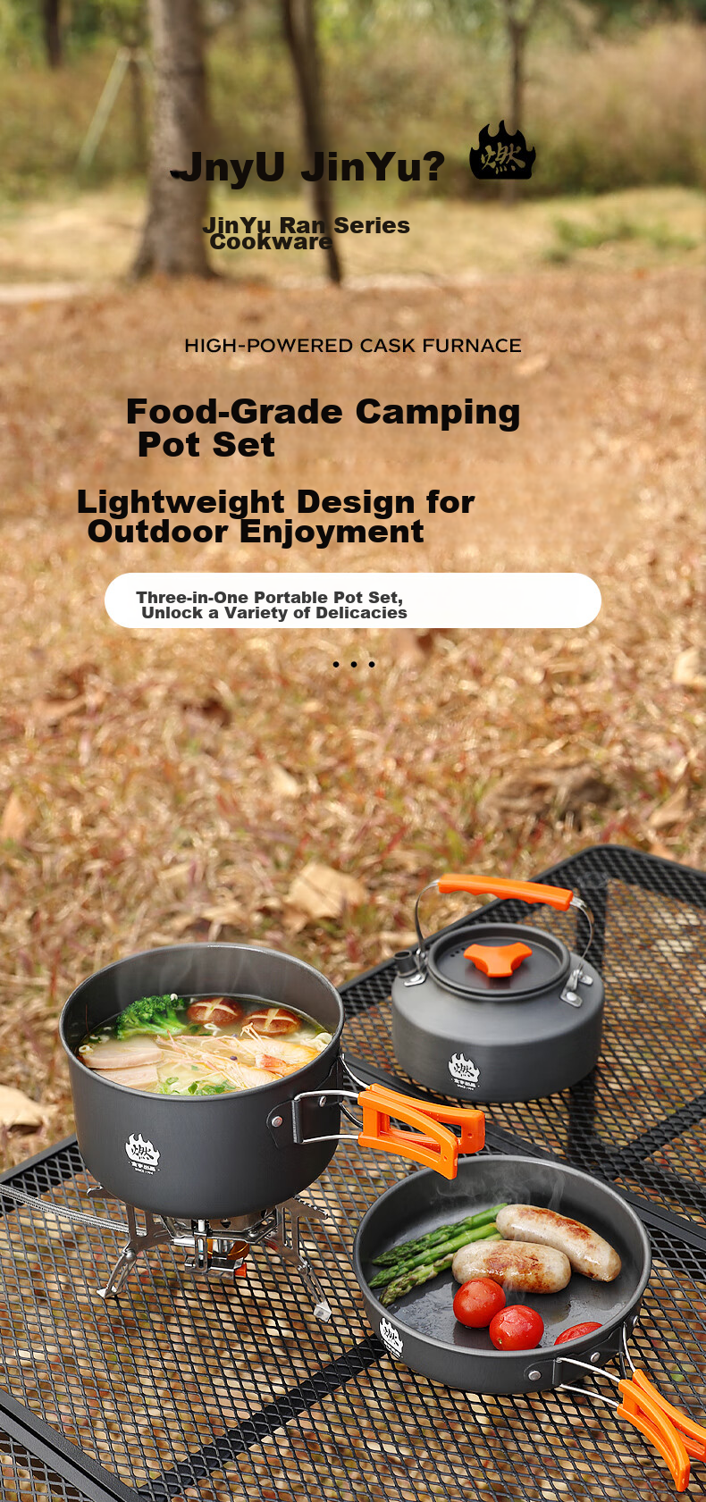 Jinyu Outdoor Cookware, Portable Stove Pot Set, Three-In Camping Cookware, Frying Pan, Kettle, Aluminum Alloy Outdoor Stove Kit 2