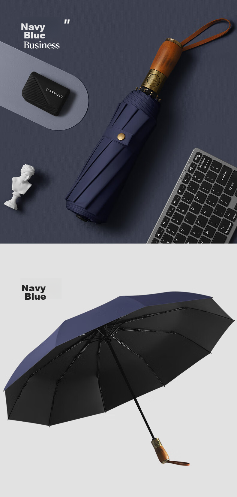 MAYDU Automatic Long Handle Umbrella, Extra Large Size, Reinforced, Thickened, Durable, Windproof Umbrella, Men's Business Umbrella, 16K M8001 Black 8