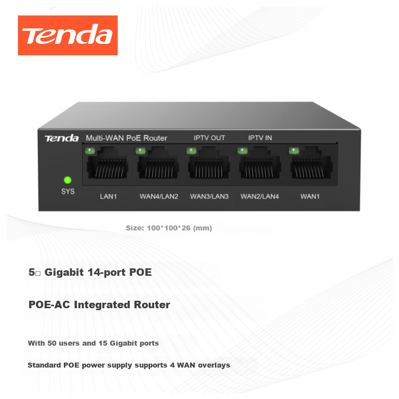 Tenda 5-Port Gigabit PoE·AC Integrated Router, Enterprise Gateway, Multi-WAN Load Balancing, Power Over Ethernet Router, Managed AP with 100 Devices G0-5G