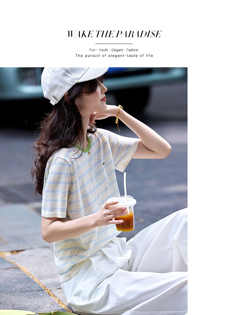 Awakening Paradise 26 Summer Korean Slim Fit Slimming Round Neck T-Shirt Top Short Sleeve Knitwear Blue Striped One Size 12