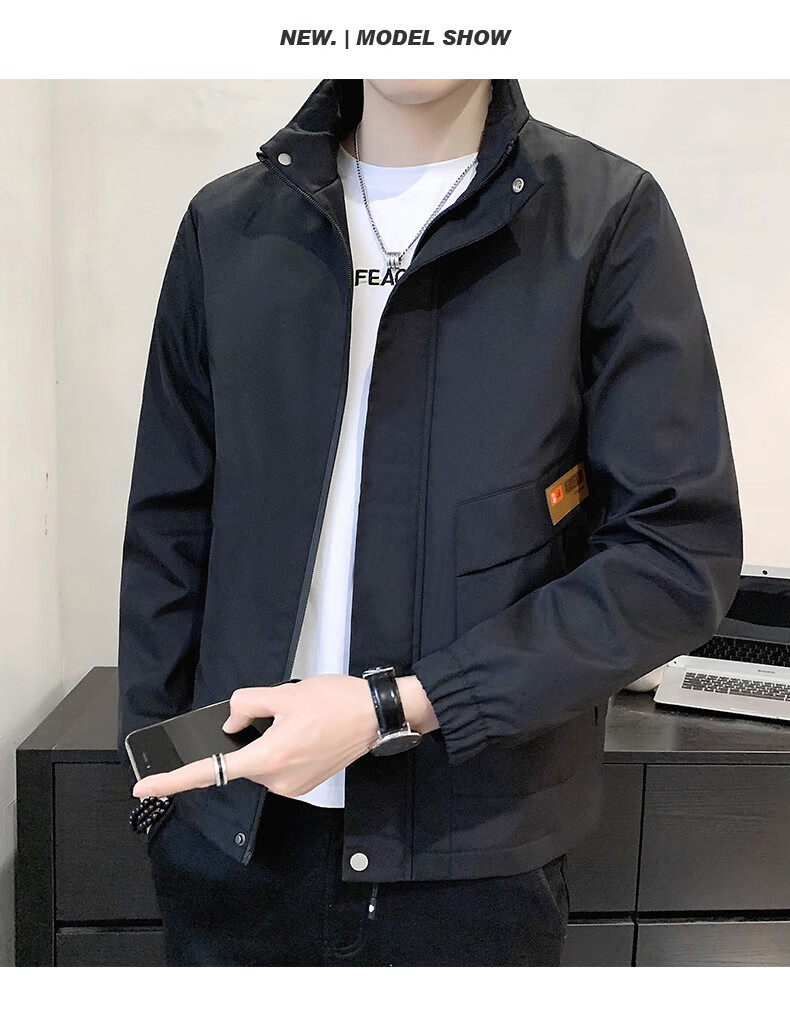 Jeanswest Men's Outdoor Sports Jacket Spring Autumn Coat Stand Collar Loose Workwear Windproof Casual Trendy Versatile Black 2XL 6