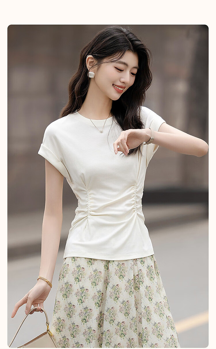 Dme [Containing Naked-Feel Lyocell] Summer Simple Round Neck Pleated Undershirt Short Sleeve Soft Stretch Comfortable Slimming Women's T-Shirt 2