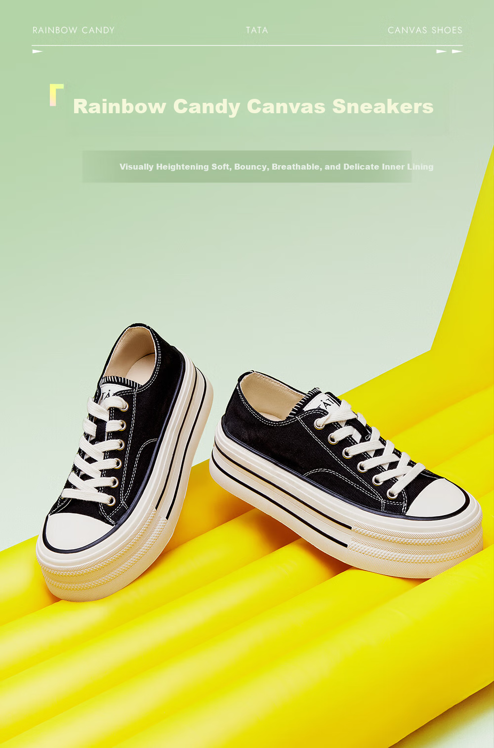 TATA Rainbow Thick-Soled Canvas Shoes for Women, Breathable Black Sneakers, Casual White Shoes WP801AM5 Black, Size 37 2