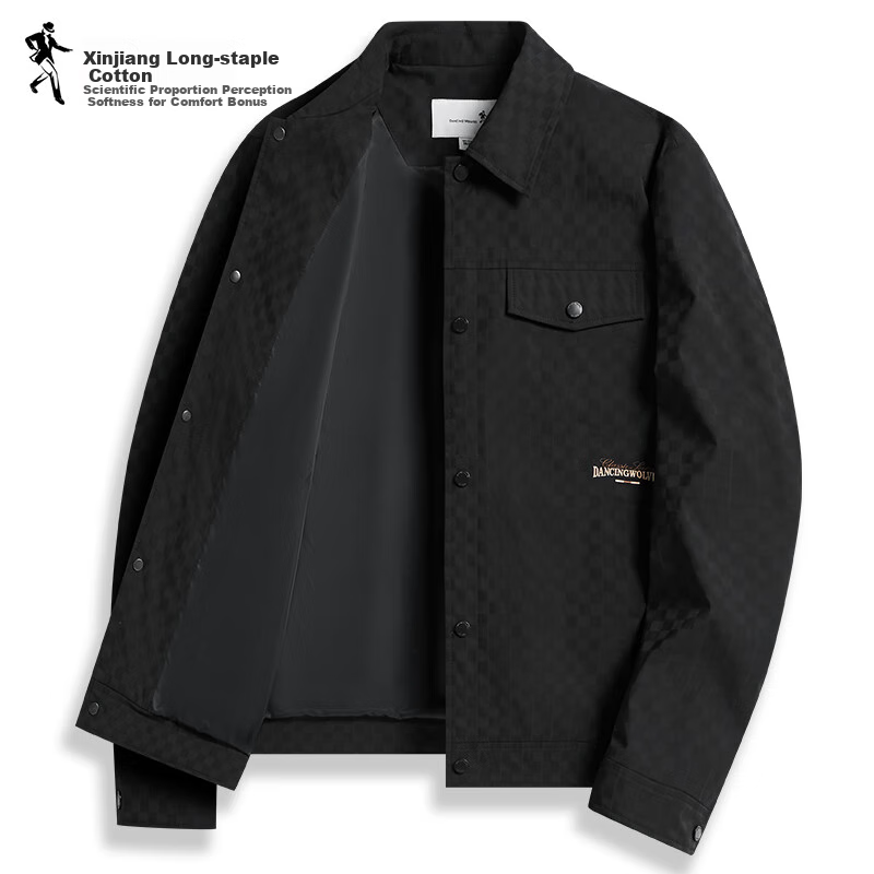 DANCING WOLVES Trendy Checkered Lapel Workwear Style Jacket Easy-Care Men's Jacket 001 Black L(175)
