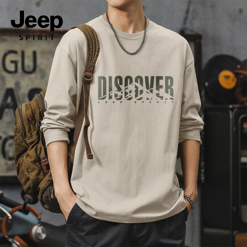 JEEP SPIRIT Men's Long Sleeve T-Shirt Autumn American Style Trendy Design Crew Neck Heavyweight Cotton Casual Base Shirt