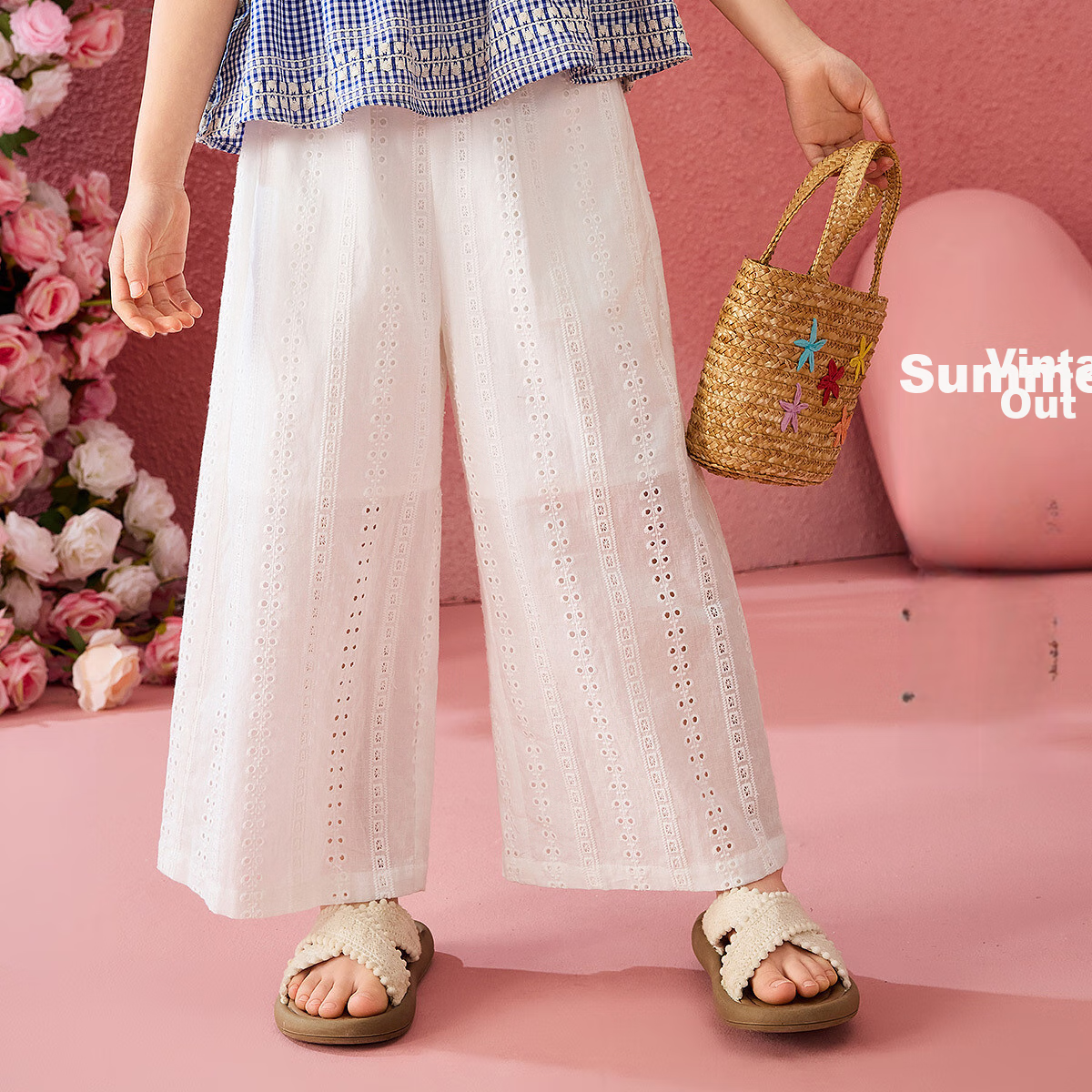 ASK JUNIOR Cotton Kids Summer Hollow Lace Embroidered Straight Leg Breathable Long Pants for Girls and Teens