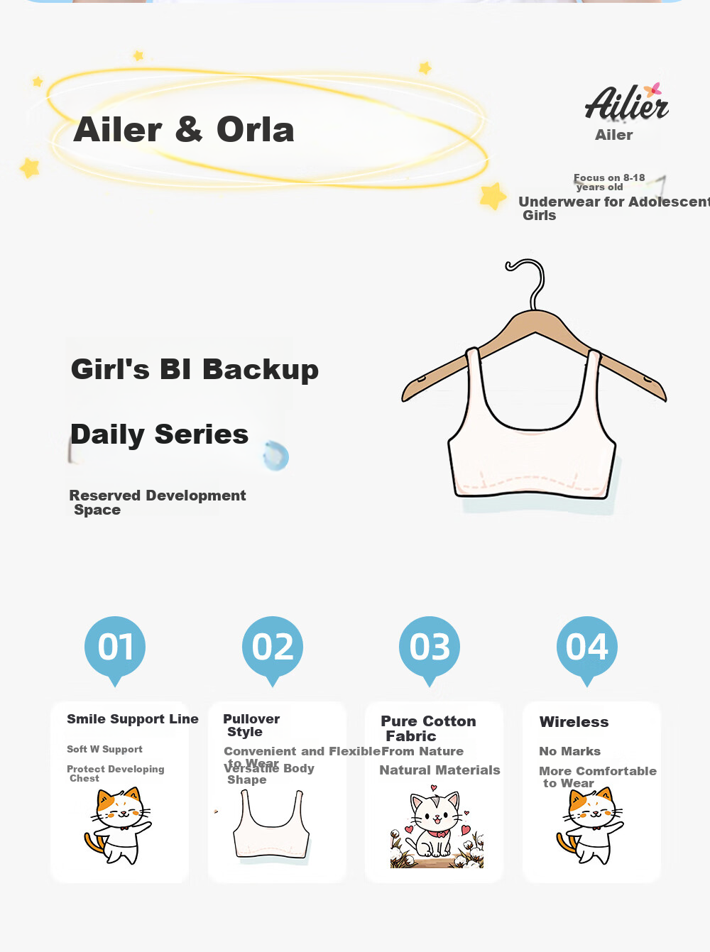 Ailier &ouluola Girls' Bra for Ages 15-18, High School Student Underwear, Cotton Developmental Bra for Teenagers, Middle School Fixed Cup Sports Bra 75B 2