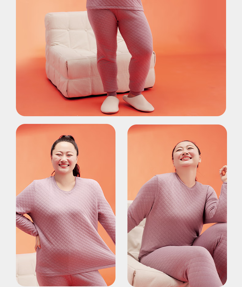 Yiershuang Plus Size Three-Layer Thickened 100% Cotton Antibacterial Thermal Underwear Set for Women Autumn Top and Bottom 11