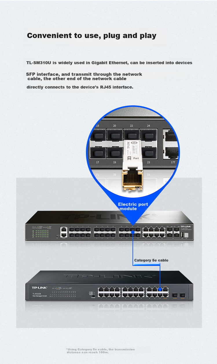 TP-LINK Gigabit SFP Electrical Port Module, RJ45 Optical Port Conversion Electrical Port Module, TL-SM310U, 1 Unit 3