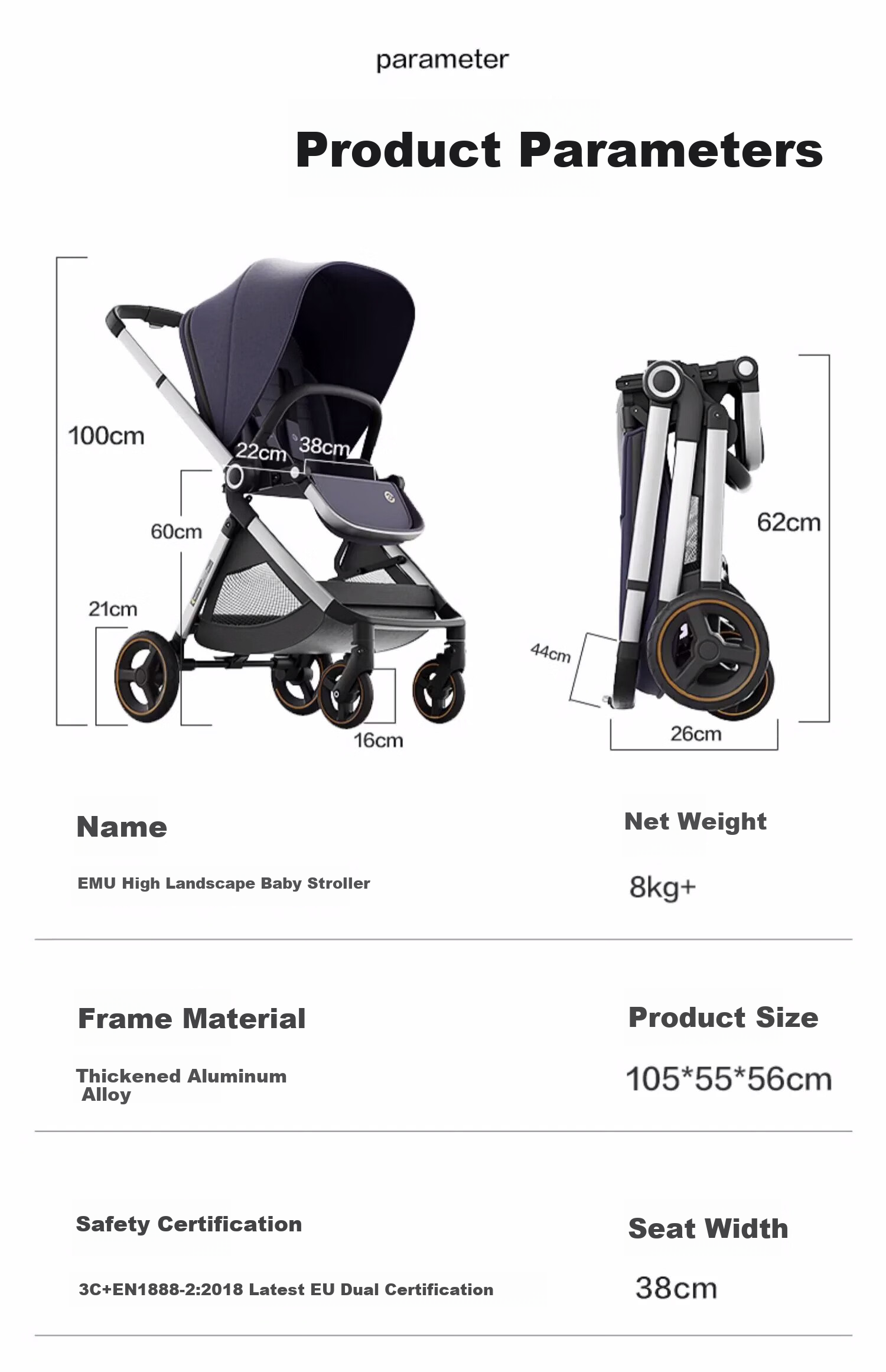 Elittile Stroller, Reversible, Lightweight, High-View, Can Sit Or Lie Down, Baby Walking Aid, EMU Luoyingrou 36