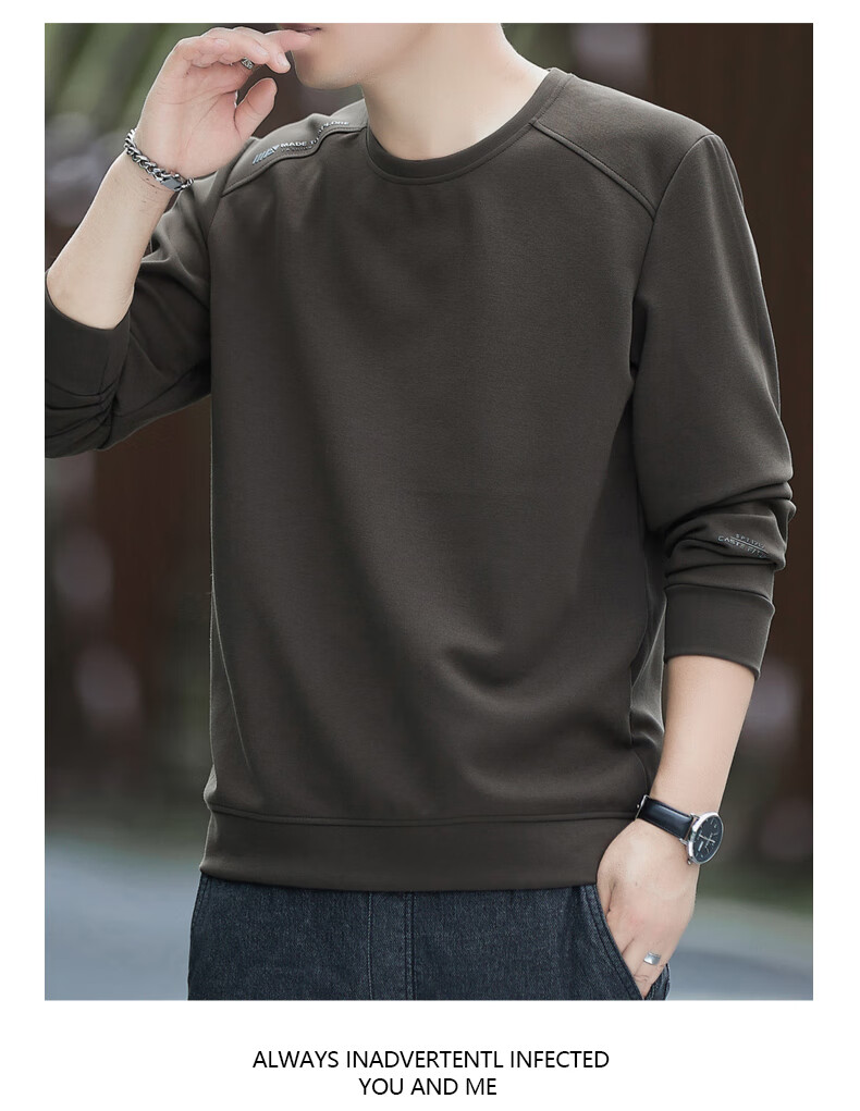 Romon Men's Sweatshirt Spring High-End Business Casual Long Sleeve T-Shirt Versatile Crew Neck Base Shirt Jacket Green D7S 2XL 10